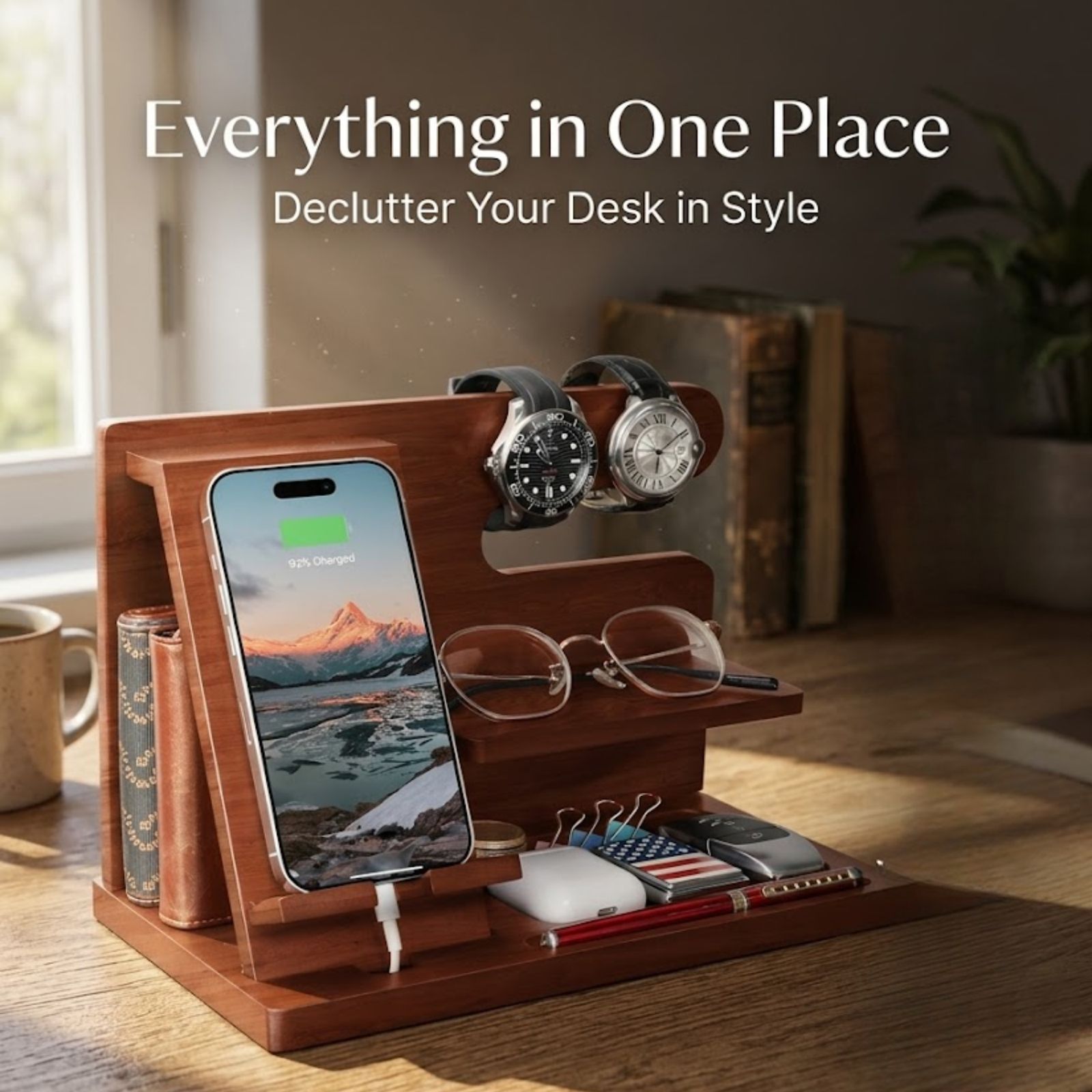 Wooden Phone Docking Station | Multifunctional Desk Organizer