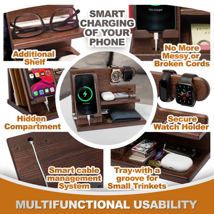Wooden Phone Docking Station | Multifunctional Desk Organizer